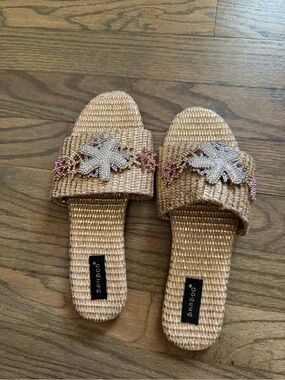 Windsor Natural Woven Slide Mules with Pink & Gold Beaded Flowers